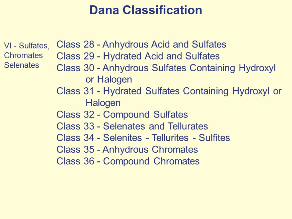 Dana Classification VI - Sulfates, Chromates Selenates Class 28 - Anhydrous Acid and Sulfates